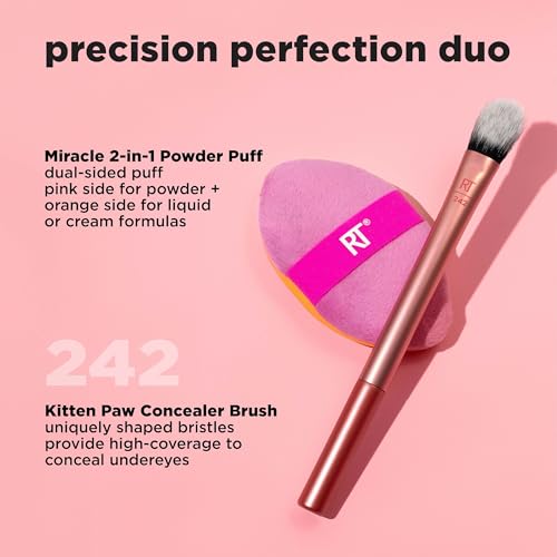 Real Techniques Precision Perfection Duo, Viral Kitten Paw Concealer Brush & Dual-Sided Powder Puff For Powder & Foundation, Travel Friendly Makeup Brush Set, Cruelty-Free, 2 Piece Set