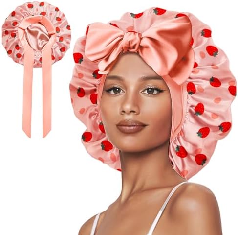 Double Layer Silk Bonnet with Tie Satin Lined Sleep Cap Hair Cover for Women's Curly Natural Hair
