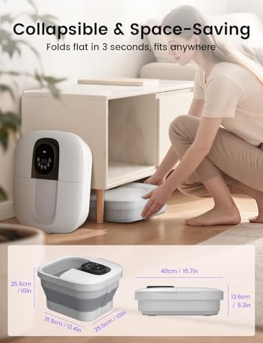 RIKE Collapsible Foot Spa with Heat, Bubbles, 24-Level Temp Control, Red Light, Timer, Foot Soaking Tub with 6 Shiatsu Rollers & Pumice Stone, Foot Bath Massager Pedicure FootSpa for Stress Relief