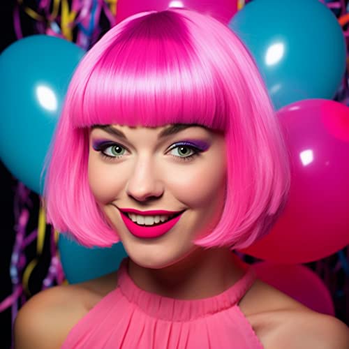 Short Bob Wig, 4 Pieces Colorful Wigs, 12" Cosplay Wigs with Flat Bangs, Neon Colored Wig for Women Party Favors Bachelorette Party Night Club with Extra Wig Cap