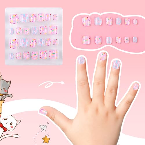 Kids Press on Nails Children Fake Nails 72PCS Artificial Nail Tips Adhesive Full Cover Short False Fingernails for Girls Kids Nail Decoration (French Donut Heart)