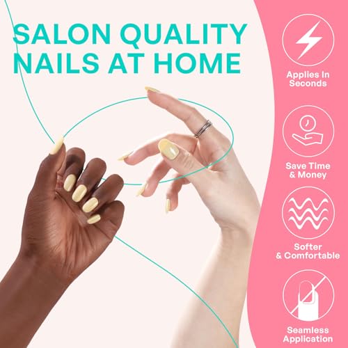 Spring Press on Nails Butter Yellow - GJZEZ Soft Gel False Nails, Short Round Manicure for Women, Salon Looking Comfort Fits Stick on Nails | 16 Sizes - 32 pcs Reusable Nail with Glue, Lemon Chiffon