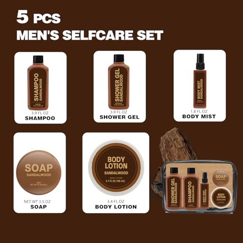Gift Sets for Men Bath and Body Mens Gifts 6pcs Sandalwood Travel Size sets with Shampoo, Shower Gel, Soap, Body Lotion, Birthday Gifts for Men, Self Care Fathers Day Gifts