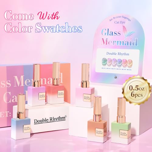 Double Rhythm Cat Eye Gel Nail Polish Set of 6 Same Color Same Bottle 0.5 Oz Shimmer Glitter with Magnet Holographic Reflective Magnetic UV Nail Polish Kit at Home (Mermaid Pink Rose-T6-31)