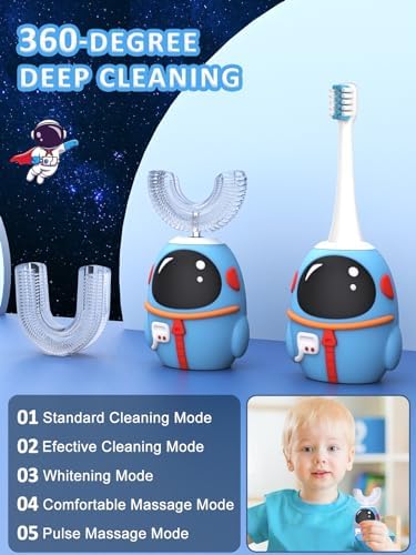 FTOYIN Kids Electric Toothbrush with 3 Brush Heads, U Shaped Ultrasonic Toothbrush Kids with 5 Modes, 45s Smart Reminder, 360-Degree Automatic Cleaning, IPX7 Waterproof Design