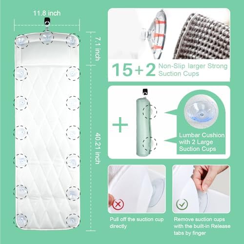 Full Body Bath Pillow Bathtub Pillows-Removable Lumbar Cushion with 17 Non-Slip Suction Cups 4D Air Mesh Fit Any Tub Luxury Bathroom Accessories-Green