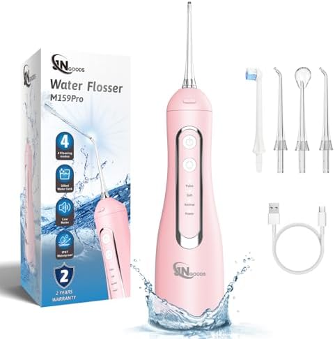 Cordless Water Dental Flosser Oral irrigator,JNGOODS 300ml Rechargeable Water flosser for Teeth IPX7 Waterproof 4 Modes Portable Oral Irrigator with 4 Jet Tips, Travel Home use (Pink)