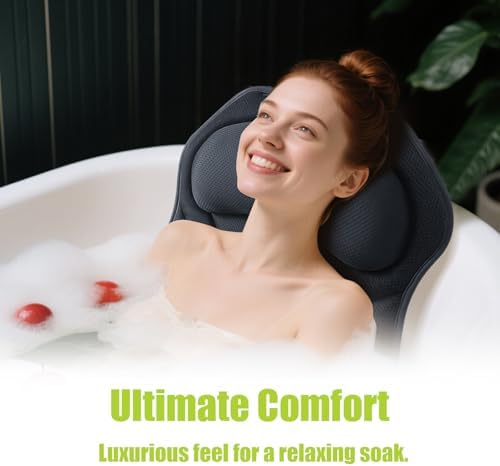 Full Body Bath Pillow for Tub - Extra Long & Thick Tub Pillow with Head, Back & Lumbar Support, 168 Non-Slip Suction Cups, Soft 5D Mesh Spa Cushion, Fits All Tubs-Gift for Soaking(Gray)