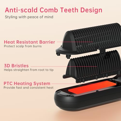 Hair Straightener Brush with 9 Temps - Negative Ionic Straightening Brush for Hare Care, Ceramic Straightener Comb with Anti-Scald Design, 30s Fast Heating & Auto-Off, Dual Voltage