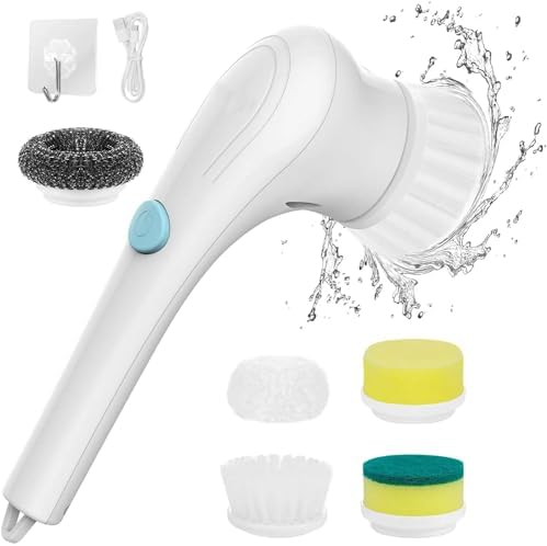 Electric Spin Scrubber - Shower Scrubber with 5 Replaceable Brush Heads, Portable Electric Cleaning Brush for Bathroom