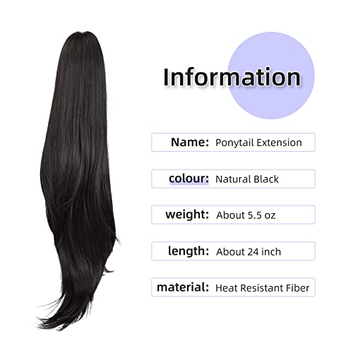 ponytail extension,24" claw clip hair extensions ponytail Long straight Hair Extension Natural Looking Synthetic Hairpiece for Women Natural Black