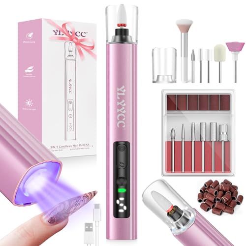 Cordless Nail Drill Electric File with UV Nail Lamp: Professional for Acrylic Gel Dip Powder Nails Portable Nail Drill Machine Kit for Manicure Pedicure Nail Set Rechargeable Lightweight