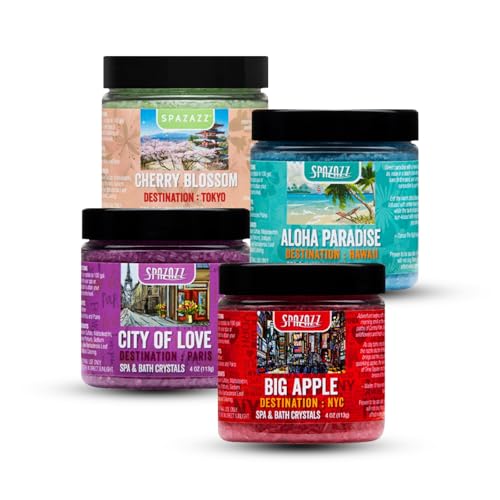Spazazz Hot Tub Aromatherapy Destination Collection Bath Salt Crystals Four- 4oz Pack - Aloha Paradise, Big Apple, City of Love, Cherry Blossom - Bath Salts Perfect for Hot Tubs, Baths, and Foot Soaks