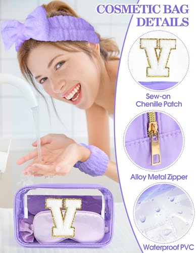 Gift Sets for Women, Initial Makeup Bag with Makeup Brush Set Bachelorette Party Favors, Purple Spa Kit with Skincare Headbands Wrist Bands Sleepover Party Supplies Gifts for Teen Girls Bridesmaid V