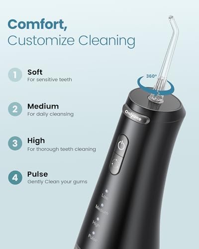 Onlyone Water Dental Flosser, 300ML Portable Oral Irrigator for Teeth, 4 Modes and 5 Jet Tips,Rechargeable Irrigation Cleaner,Electric Flossing Machine Power Flossers & Irrigator Accessories Black
