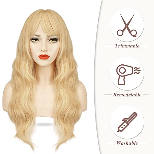 BARSDAR Long Wavy Blonde Wig With Bangs - 26 Inch Long Wavy Blonde Wig with Bangs for Women - Thick Soft Synthetic Hair Replacement Wigs Natural Looking Daily Cosplay Party Halloween