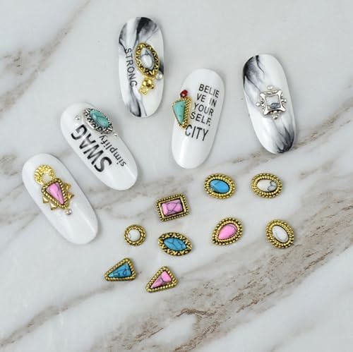 60 Piece Set of Turquoise Gemstone Pendants - 3D Nail Accessories with Hollowed Out Design, Vintage Pendants Suitable for DIY and Western Nail Art, Blue