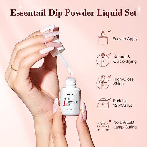 AZUREBEAUTY Dip Powder Nail Kit Starter, All Season Nude Skin Glitter 4 Colors Dipping Powder Liquid Set Recycling Tray with Base & Top Coat Activator for French Nail Art Manicure Salon DIY at Home.