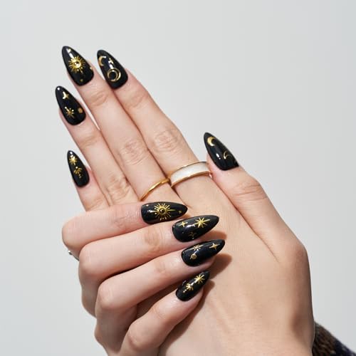 GLAMERMAID Press on Nails Medium Almond, Handmade Gothic Star in Black Gel Glue on Nail, Glossy Short Stiletto Reusable UV Finish Fake Nails Acrylic False Nails Manicure Kits for Women