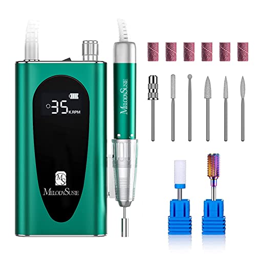MelodySusie 35000RPM MM400C Nail Drill Professional, Rechargeable Cordless Nail File Portable Efile for Acrylic Gel Nails Remove, 8Pcs Nail Drill Bits, Low Noise Low Heat, Sparkle Plus, Green
