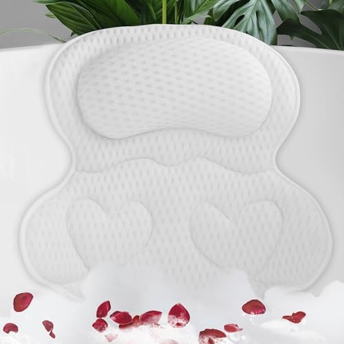Bath Pillows for Tub Luxury, Bath Pillow for Head and Neck, Fit Bathtub Hot Tub Relaxing Gifts for Women, Comfort 4D Air Mesh Fabric & 6 Non-Slip Suction Cups (White)
