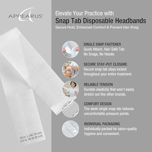 Appearus Professional Disposable Headbands with Single Snap Tab - 100 Pack Individually Wrapped Spa Headbands for Estheticians, Makeup Artists & Salon Professionals