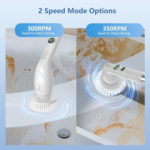 Electric Spin Scrubber, Cleaning Brush with 8 Brush Heads, IPX7 Waterproof LED Display, Adjustable Extension Handle Shower Scrubber for Bathroom Floor Tub Tile (White)