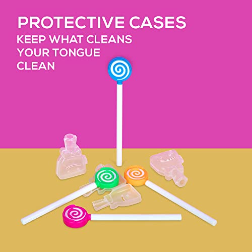 Kids Tongue Scraper or Cleaner Set – Pack of 4 BPA-Free Plastic Dental Scrapers Helps Freshen Bad Breath, Remove Gunk – Multicolored with Easy-to-Grasp Handles and Brush Covers by 55Dental, Ages 2+