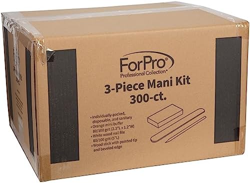 ForPro 3-Piece Mani Kit, 300-Count, Individually-Packed Manicure Set, White Wood Nail File 80/100 Grit, Orange Mini Buffer 80/100 Grit, Wood Stick