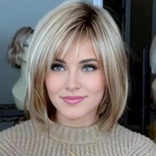 RENERSHOW Layered Blonde Bob Wigs for White Women with Bangs Straight Short Hair Wig Synthetic Ombre Blonde Highlight Bobo Haircuts Natural Daily Party Wig