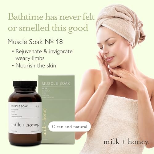 milk + honey Muscle and Bath Soak No. 18, Moisturizing Epsom Salt Bath Soak with Eucalyptus, Arnica, Rosemary and Sweet Marjoram, 10 oz