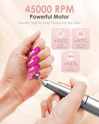 Portable Nail Drill Professional: 45000 RPM Rechargeable Electric Nail Drills Machine with 6 Bits, Drill para Uñas Profesional E File for Acrylic, Gel Nails, Manicure & Pedicure - Salon & Home Use