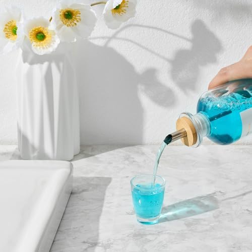 Glass Mouthwash Dispenser for Bathroom, 11.8oz Mouthwash Holder with Stianless Steel Spouts, Mouthwash Decanter with Bamboo Holder, Refillable Cups, Reusable Funnel, Golden Stickers
