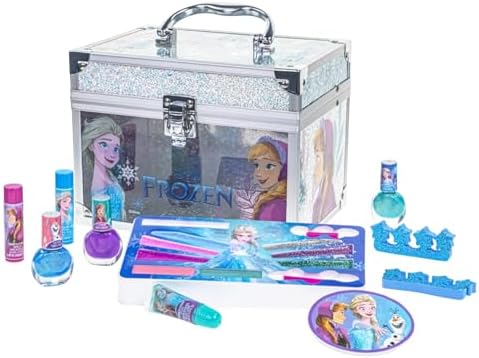 Disney Frozen Train Case Beauty Set, Kids Makeup Kit for Girls, Real Washable Makeup Set, Play Makeup, Party Favor, Birthday, Ages 3 4 5 6 7 8 9 10 11 12 by Townley Girl