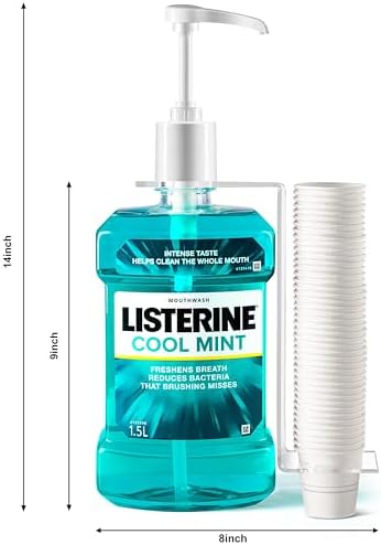 Practical Mouthwash Dispenser Specially Designed to Fit Only Listerine 1.5 or 1 L Bottles with Cups, Holder, and Pump.