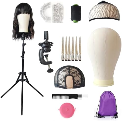 Wig Stand with Head 23 Inch Canvas Mannequin Head with Stand for Wigs Height Adjustable Tripod Wig Head Stand Wig Holder for Hair Styling with Extra Clamp Stand