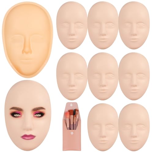 Silicone Mannequin Face Set - 8 Pcs, Practice Face Board, 8 Makeup Brushes for Permanent Makeup & Art Creation