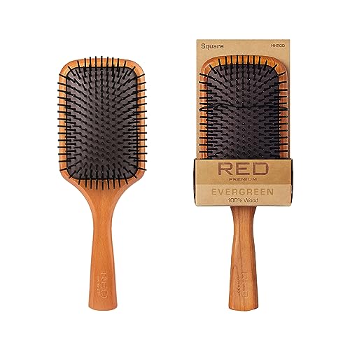 Red by Kiss Evergreen Wooden Square Paddle Hair Brush, 100% Beechwood, Long Bristles, Detangling, For All Hair Types, Sustainable, Painless Detangling, Air Ventilation Hole, Wet Dry Hair, Unisex