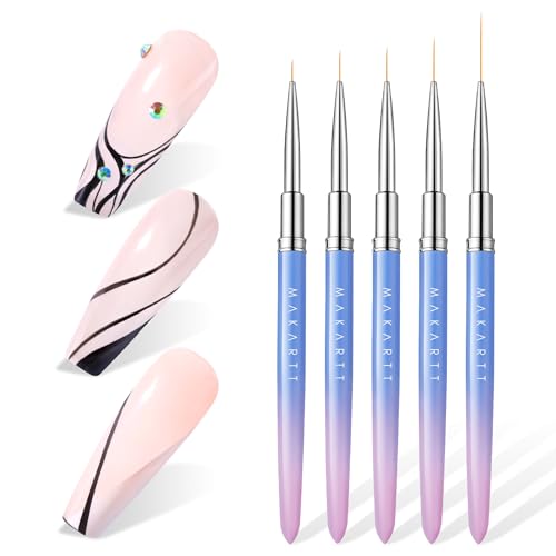 Makartt Nail Art Brushes Set: 5pcs Liner Brushes 7/9/11/15/25mm Thin Nail Art Design Brush with Cap Nail Polish Brush for Builder Gel 3D Nail Gel French Tip Tool Nail Painting