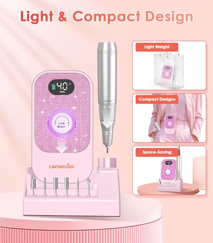 Portable Electric Nail Drill File: 40000RPM Professional Nail Drill with Bits & Base, Pink Diamond Rechargeable Nail E File Machine for Remover Gel Nail Polish Acrylic Nails Manicure for Salon Home