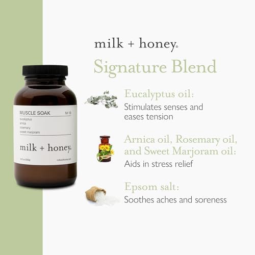 milk + honey Muscle and Bath Soak No. 18, Moisturizing Epsom Salt Bath Soak with Eucalyptus, Arnica, Rosemary and Sweet Marjoram, 10 oz
