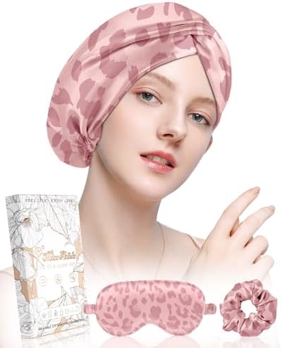 Silk Bonnet for Women - Mulberry Silk Sleep Cap for Hair Care with Eye Mask & Scrunchie 19 Momme Night Cap Sleeping Set with Elastic Stay On Head, Leopard