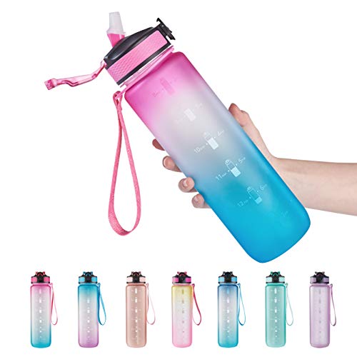 EYQ 32 oz Water Bottle with Time Marker, Carry Strap, Leak-Proof Tritan BPA-Free, Ensure You Drink Enough Water for Fitness, Gym, Camping, Outdoor Sports (Yellow/Pink Gradient)