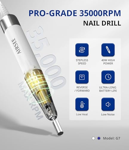 AIRSEE Updated Professional Nail Drill,Rechargeable Cordless Efile Machine for Acrylic Extension Gel Dip Powder Powerful Portable Efile 56 Sanding Bands 7 Bits,Low Noise Low Heat,G7 White