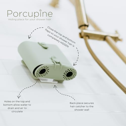 Porcupine Shower Wall Hair Catcher, Modern Silicone Design Collects & Conceals Hair in Bathroom, Prevents Clogged Drains, Reusable, Removable, Easy to Clean, Heavy Duty Hanger Included (Sage Green)