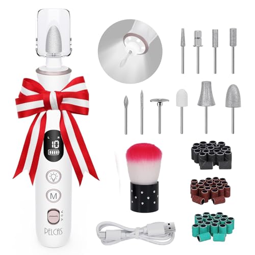 PELCAS Electric Nail File, 10 Speeds Cordless Nail Drill with LED Light, Portable Manicure and Pedicure Kit, Nail Grinder with LCD Screen for Human, Pet, Thick Toenails, Natural & Acrylic Nails
