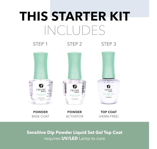 Revel Nail Sensitive Dip Powder Liquid Set - Base Coat, Activator, Gel Top Coat, Hema Free, Suitable for Sensitive Nails