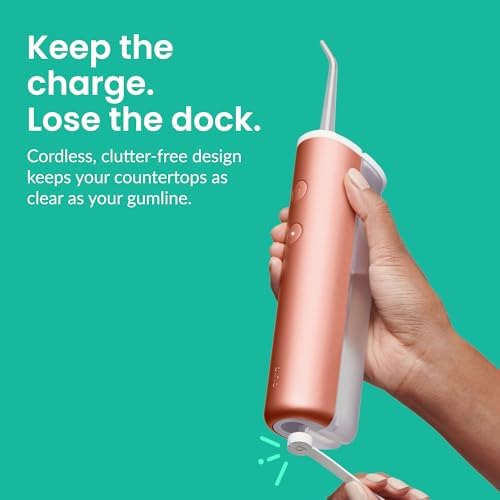 quip Water Flosser with Replacement Tip - Cordless Water Flosser with Adjustable Pressure - Teeth Cleaner Pick with 360 Degree Rotating Replaceable Tip, Rechargeable Water Dental Pick - Copper