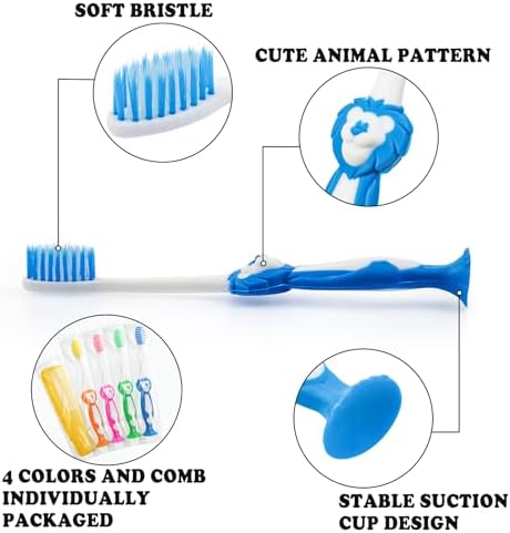 40 Pcs Disposable Toddler Toothbrushes, Suction Cup Bulk Kids Toothbrushes with 5 in Comb, Individually Wrapped Animal Toothbrush for Home, School, Camp, Daycare, Travel