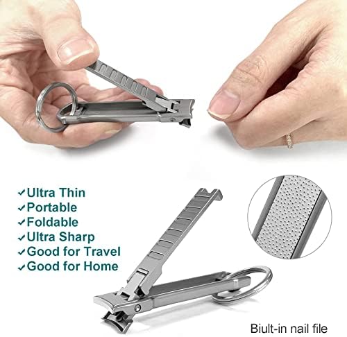 Nail Clippers for Natural Finger Nails Ultra Thin Mini Travel Portable Folding Wide Jaw Cutter with Glass Nail File Curved Trimmer for Fingernail Toenail, with Keychain(X021DB-S)